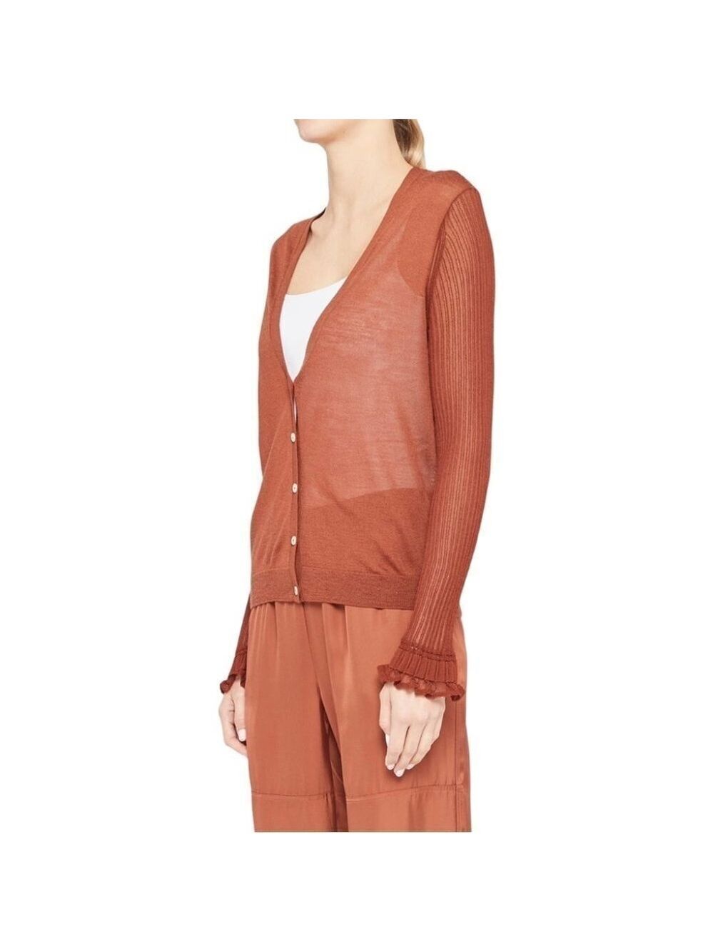 THEORY Bering Rust Brown Sheer Sleeved Wool Viscose Button Up Cardigan Size L